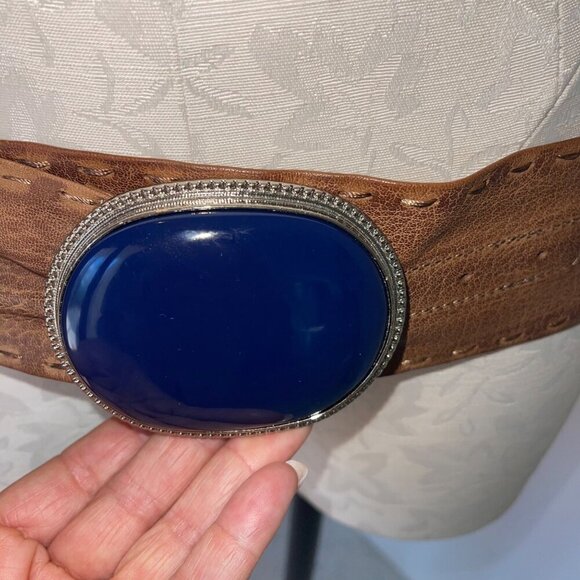 Womens Belt Tan Simulated Lapis Buckle Leather Bohemian Casual